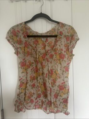 Esprit Sheer Floral Cap-Sleeve Blouse in Pink & Yellow